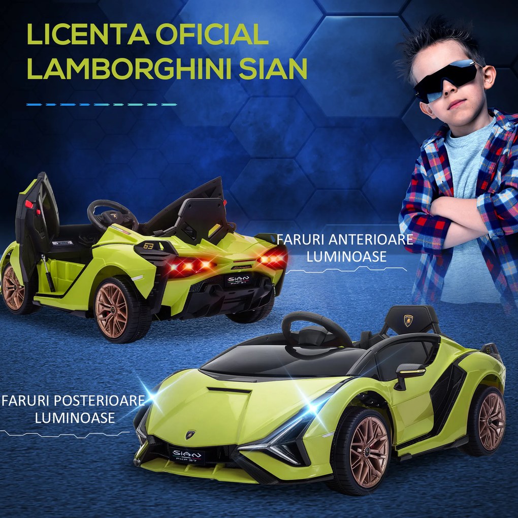 Masina electrica pentru copii 12V Lamborghini, telecomanda, viteza 3-8 km/h, 108x62x40cm, Verde HOMCOM | Aosom Romania