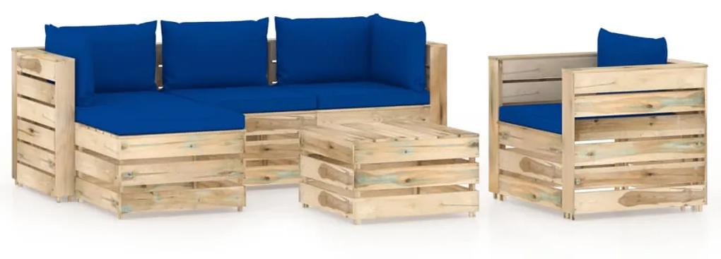 Set mobilier de gradina cu perne, 6 piese, lemn verde tratat albastru si maro, 6