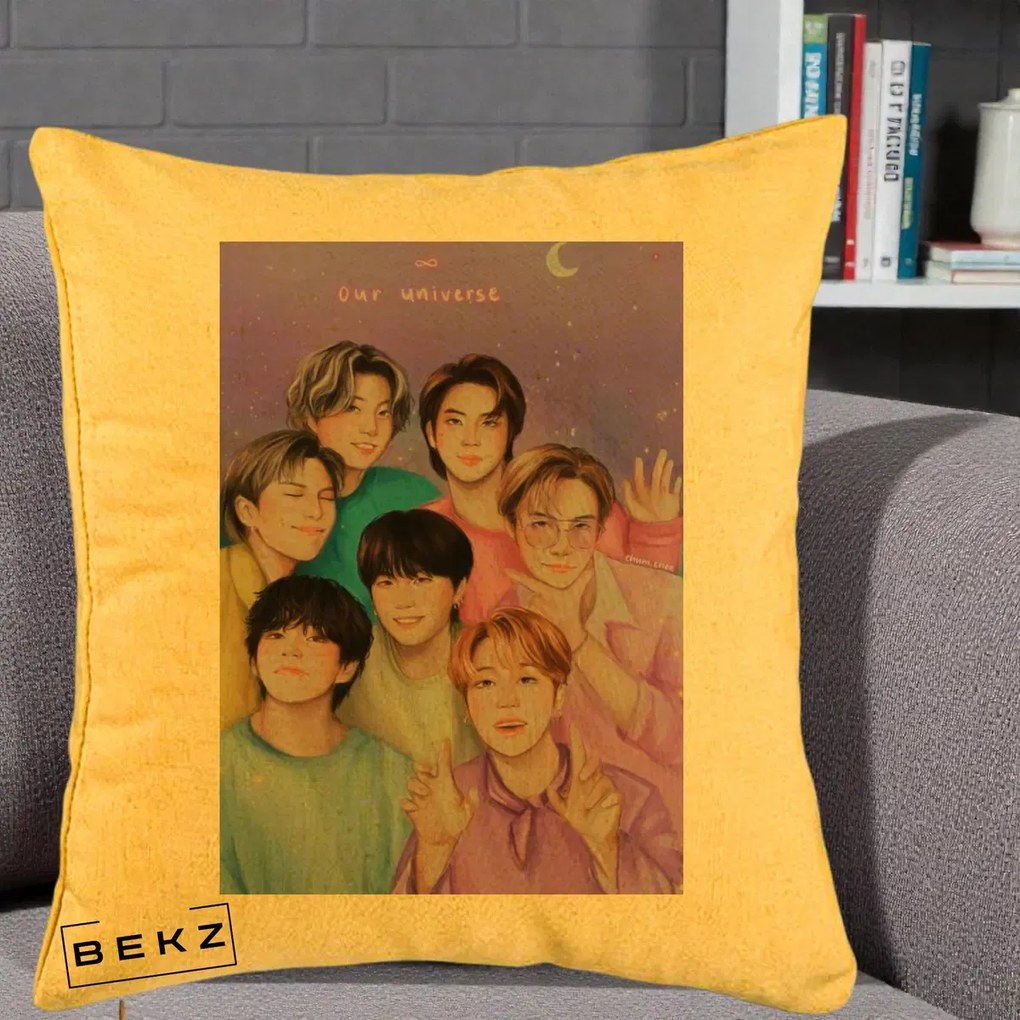 Perna Personalizata K-pop BTS Our Universe Fanart Violet Pastel, 40x40 cm, Galben, Husa Detasabila, Perna Inclusa, BEKZ®