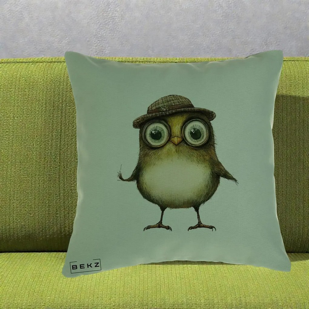 Perna Decorativa Pui Intelectual cu Palarie Tweed, 40x40 cm, Verde, Husa Detasabila, Perna Inclusa, BEKZ®