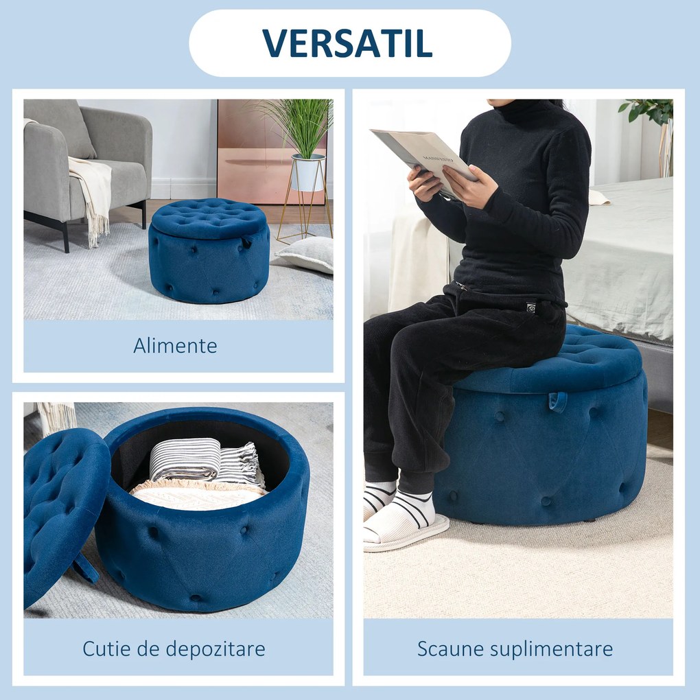 HOMCOM Otoman Rotund Tapitat Catifelat cu Spațiu de Depozitare, Design Elegant, Albastru Închis | Aosom Romania