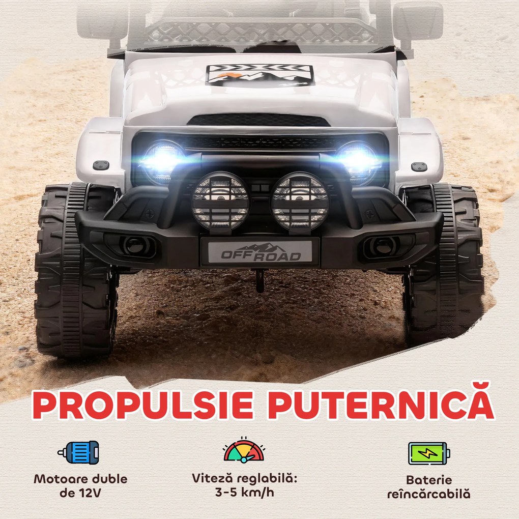 AIYAPLAY Off-road pentru Copii cu Faruri, Claxon, Centură și Telecomandă, în PP și Metal, 99x66x68.5 cm, Alb | Aosom Romania
