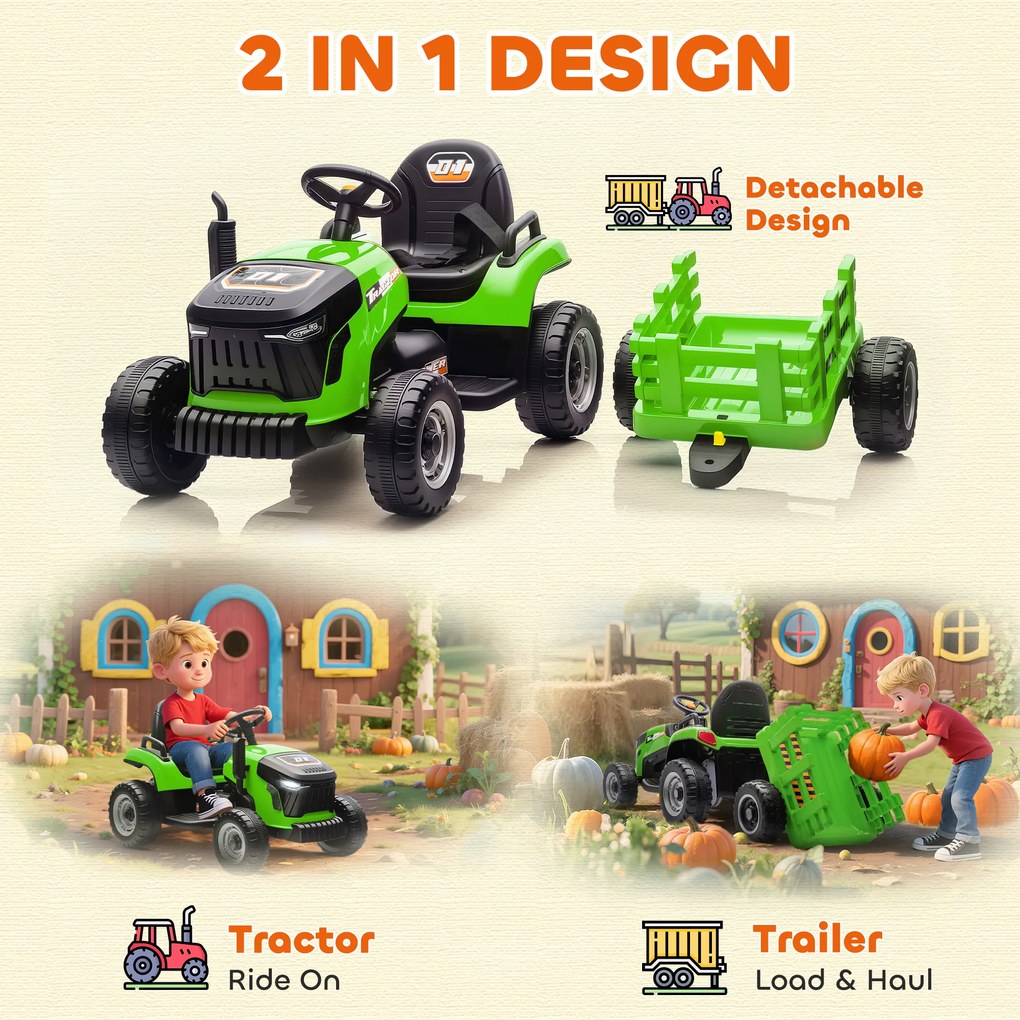 AIYAPLAY Tractor Electric 2 în 1 pentru Copii 3-8 Ani 12V cu Remorcă Detașabilă, Mașină Electrică pentru Copii cu Telecomandă, Centură de Siguranță, Muzică, Lumini LED și Claxon, Verde | Aosom Romania