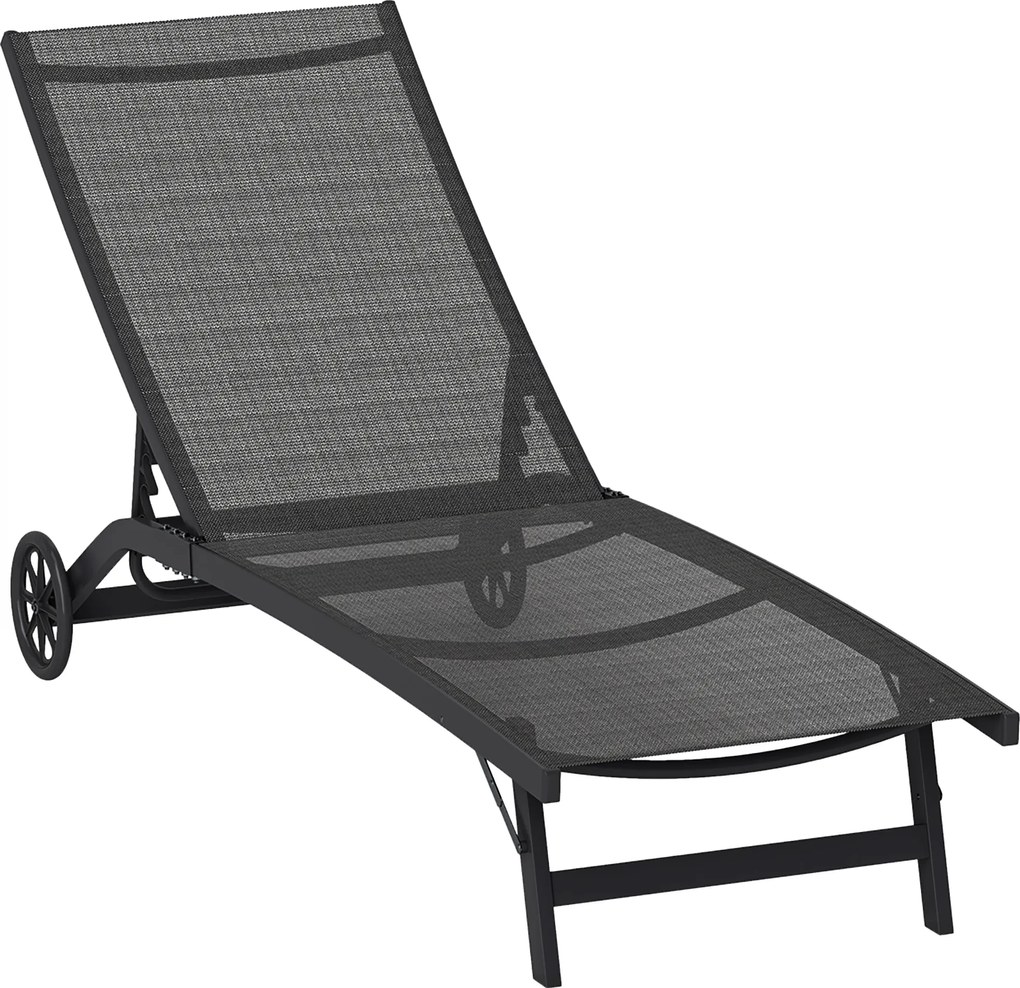 Outsunny Șezlong, spătar reglabil în 5 trepte, material respirabil, cadru din aluminiu, Negru, 195 x 66 x 34 cm | Aosom Romania