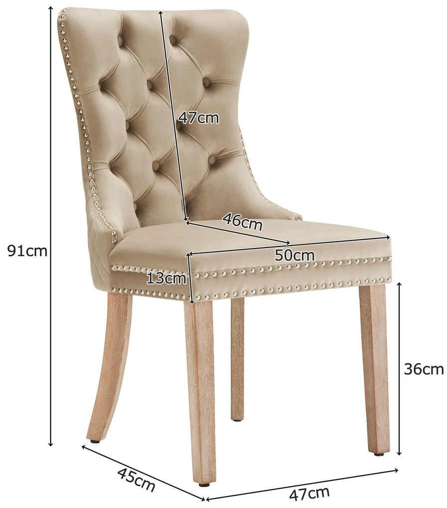 Set de 2 scaune tapițate pentru sufragerie din catifea, design cu cusături și nasturi, 50x46x91 cm, maro deschis