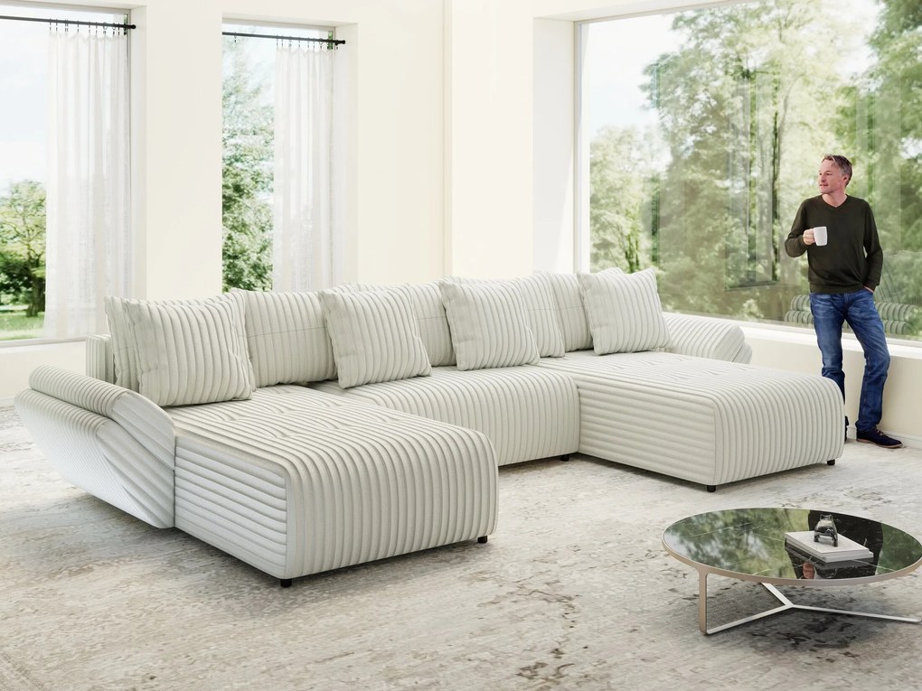 Colțar extensibil dumonde cu ladă de depozitare si sezut confortabil din spuma high-density, Berlin U Ambience Ivory 380x180 cm