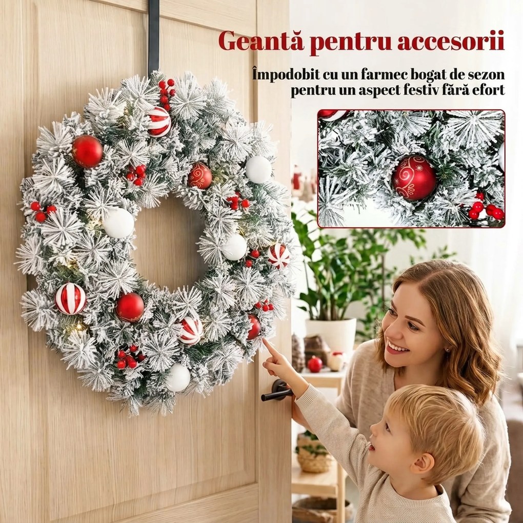 HOMCOM Coroniță de Crăciun Înzăpezită, 60 cm, cu Lumini LED, 8 Moduri, 140 Ramuri, 8 Fructe Roșii și 15 Globuri Decorative, Verde | Aosom Romania