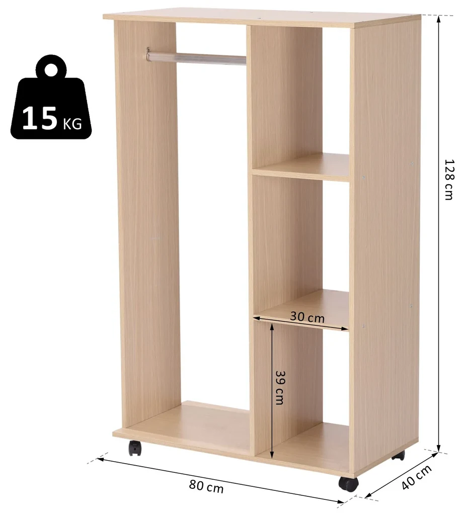 HOMCOM Dulap Multifuncțional cu Cuier și 3 Rafturi, Spațiu Deschis pentru Depozitare, 80x40x128 cm, Ideal pentru Hol | Aosom Romania