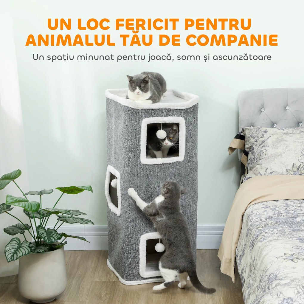 PawHut Ansamblu de joacă pentru Pisici cu 4 Nivele, 3 Bile de Jucărie din PAL, Textil și Pluș, 41x41x100 cm, Gri și Alb | Aosom Romania