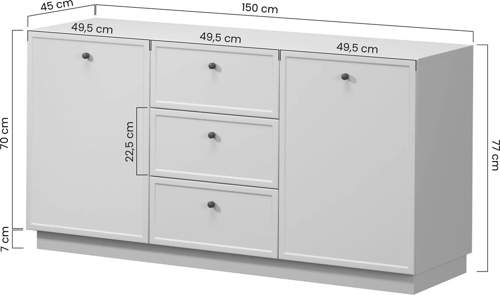 Comodă cu sertare Lorini 150 cm - casmir / mânere aurii T-bar