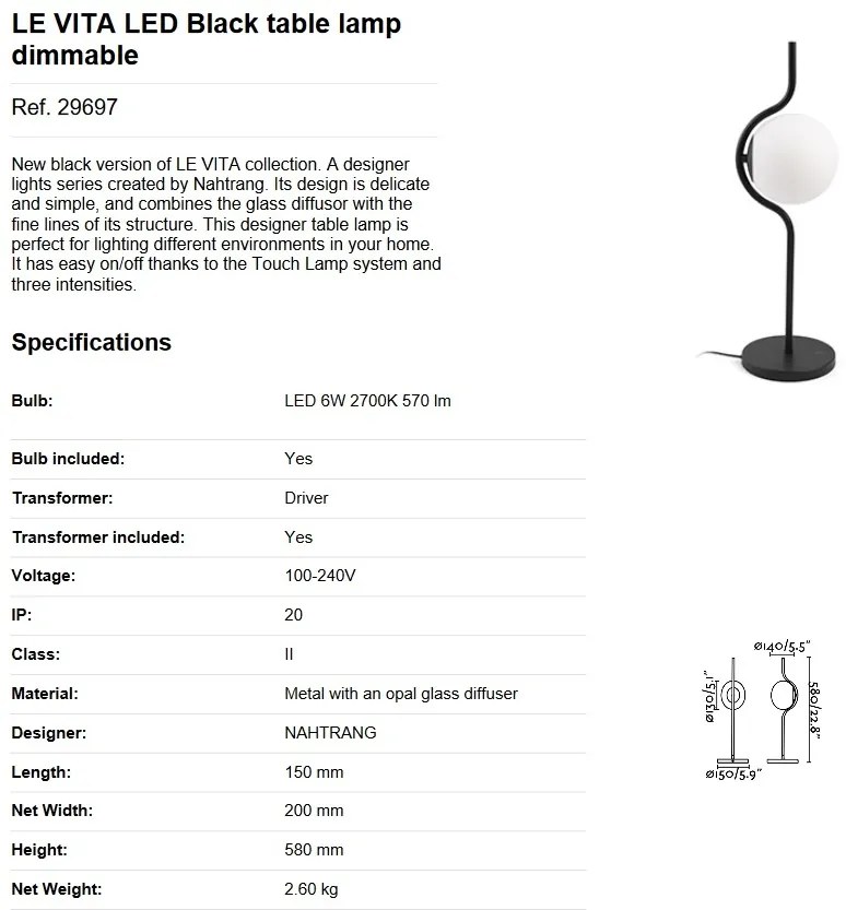 Lampa de masa LED dimabila design modern LE VITA LED Black 29697