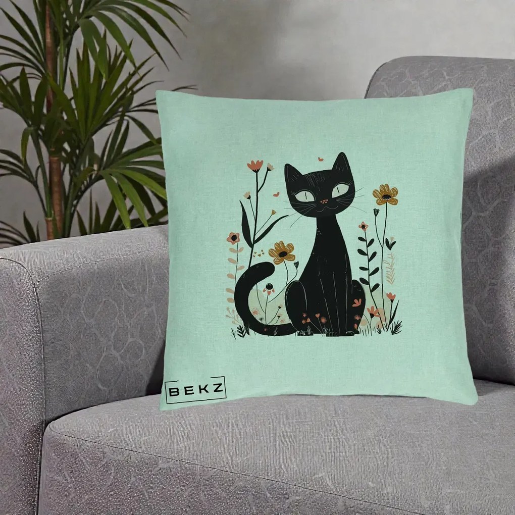 Perna Decorativa Pisica Neagra Flori Pastel Folk, 40x40 cm, Verde Menta, Husa Detasabila, Perna Inclusa, BEKZ®