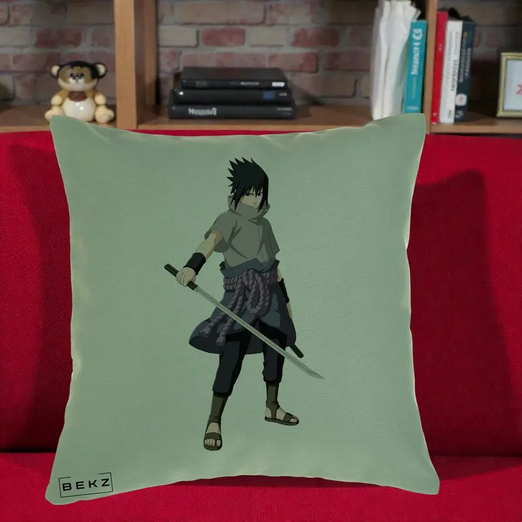 Perna Personalizata Naruto Sasuke Uchiha cu Sabia, 40x40 cm, Verde, Husa Detasabila, Perna Inclusa, BEKZ®