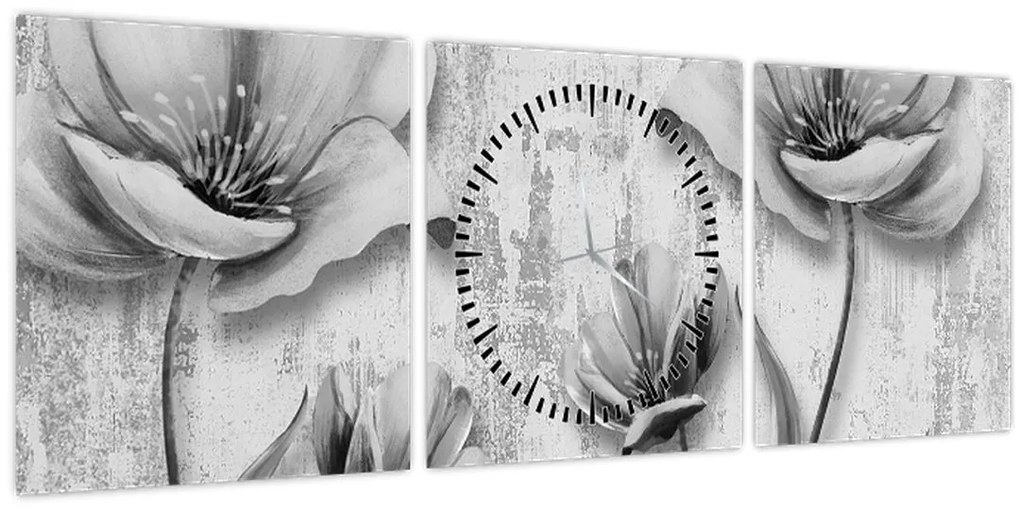 Tablou - Flori alb-negru pe fundal (cu ceas) (90x30 cm)