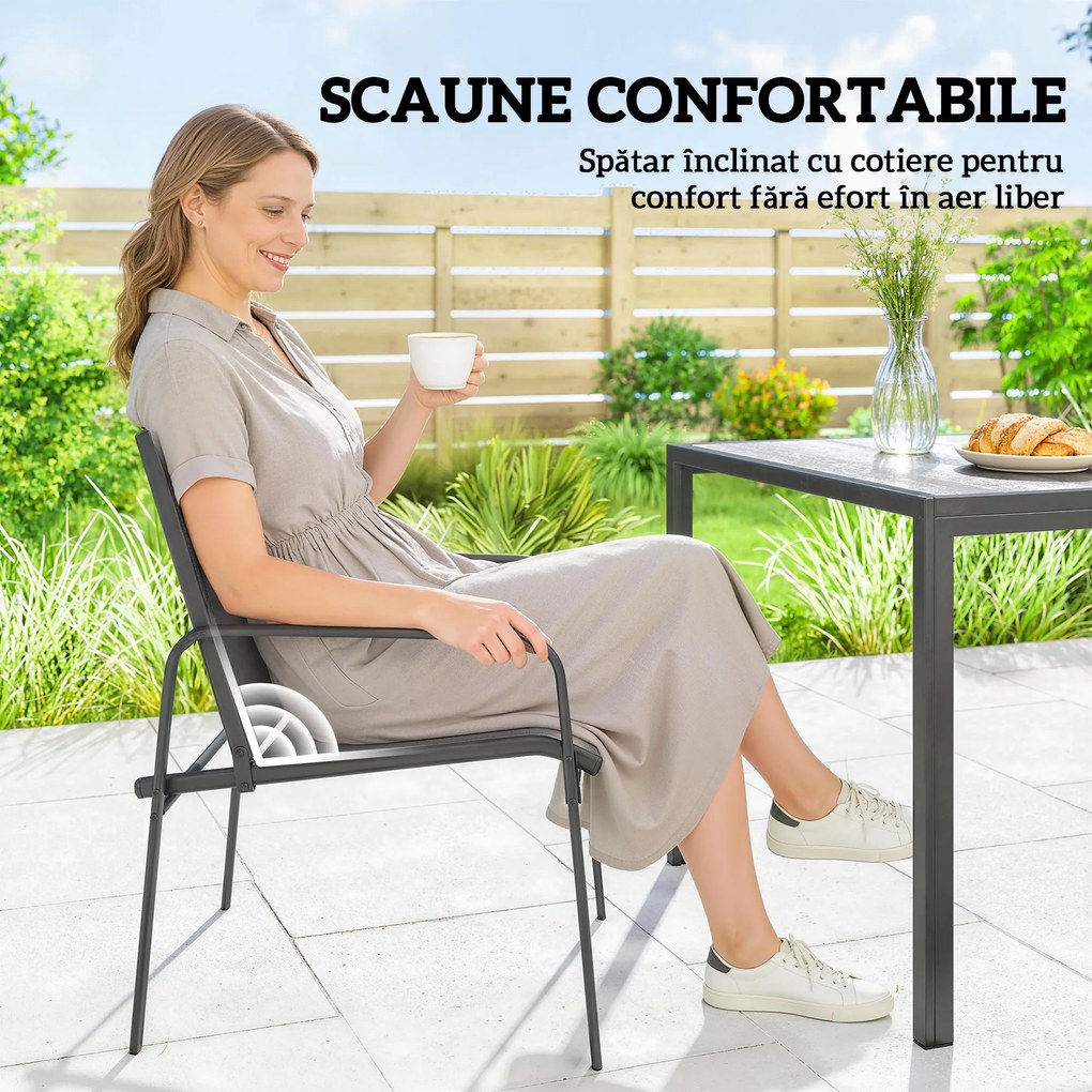 Outsunny Set de Prânz pentru Exterior, 7 Piese pentru 6 Persoane, Masă cu Efect de Lemn și Scaune cu Șezut Respirabil, Set Mobilier de Grădină cu Cadru din Oțel Galvanizat, Negru | Aosom Romania