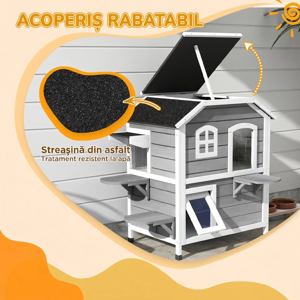 PawHut Casă pentru Pisici pe 2 Niveluri cu Acoperiș Rabatabil, Lemn de Brad, 99,5 x 76 x 91 cm, Gri | Aosom Romania
