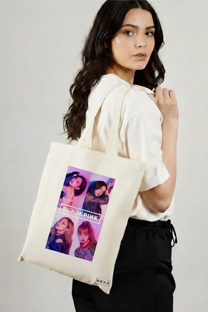 Sacosa de Panza pentru Cumparaturi, Geanta Tote, model Blackpink 2, 38x34.5 cm, Alba, BEKZ®