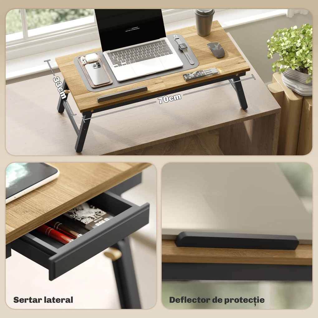 HOMCOM Suport Laptop Înclinabil, cu Înălțime Reglabilă și Sertar Lateral, 86x33x22,5-32 cm, Negru | Aosom Romania