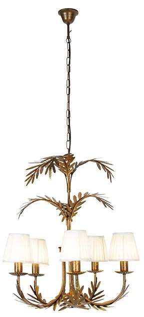 Candelabru auriu cu abajur plisat din material textil crem cu 5 lumini - Botanica