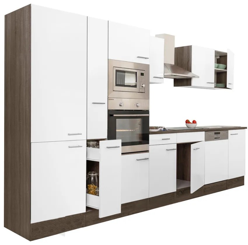 Mobilier de bucătărie Yorki 370, corp din stejar Yorki, față alb satinat, dulap cu raft