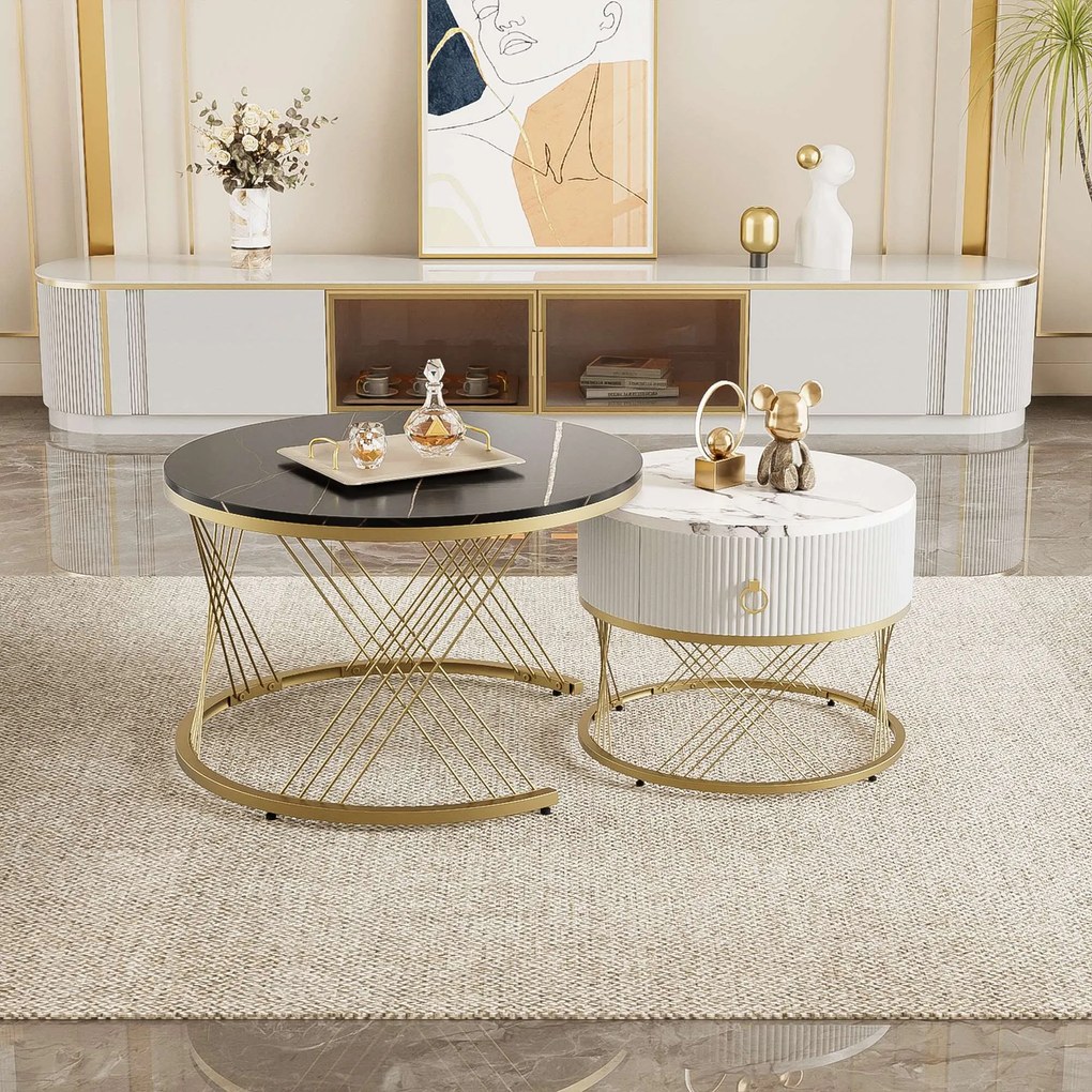 Set de 2 Măsuțe de Cafea Moderne Modulare din Marmură Sintetică cu Detalii Aurii și Sertare, Dimensiuni 70x70x45 cm și 50x50x40 cm, Negru