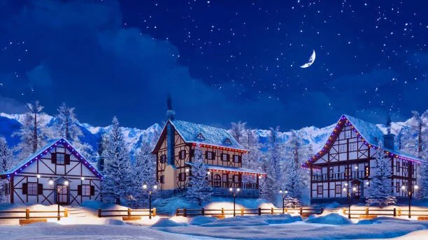 Fotografie Snowbound alpine mountain town at winter night, Marseas