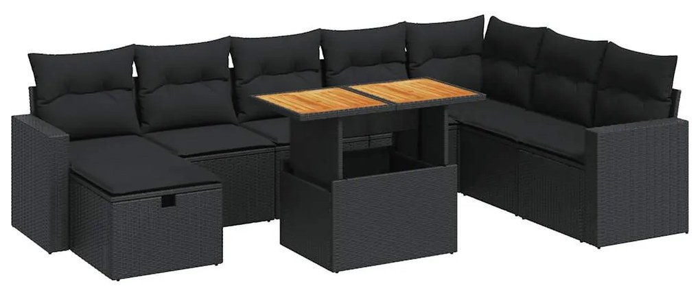 3328014 vidaXL Set mobilier grădină perne 9 piese negru poliratan/lemn acacia