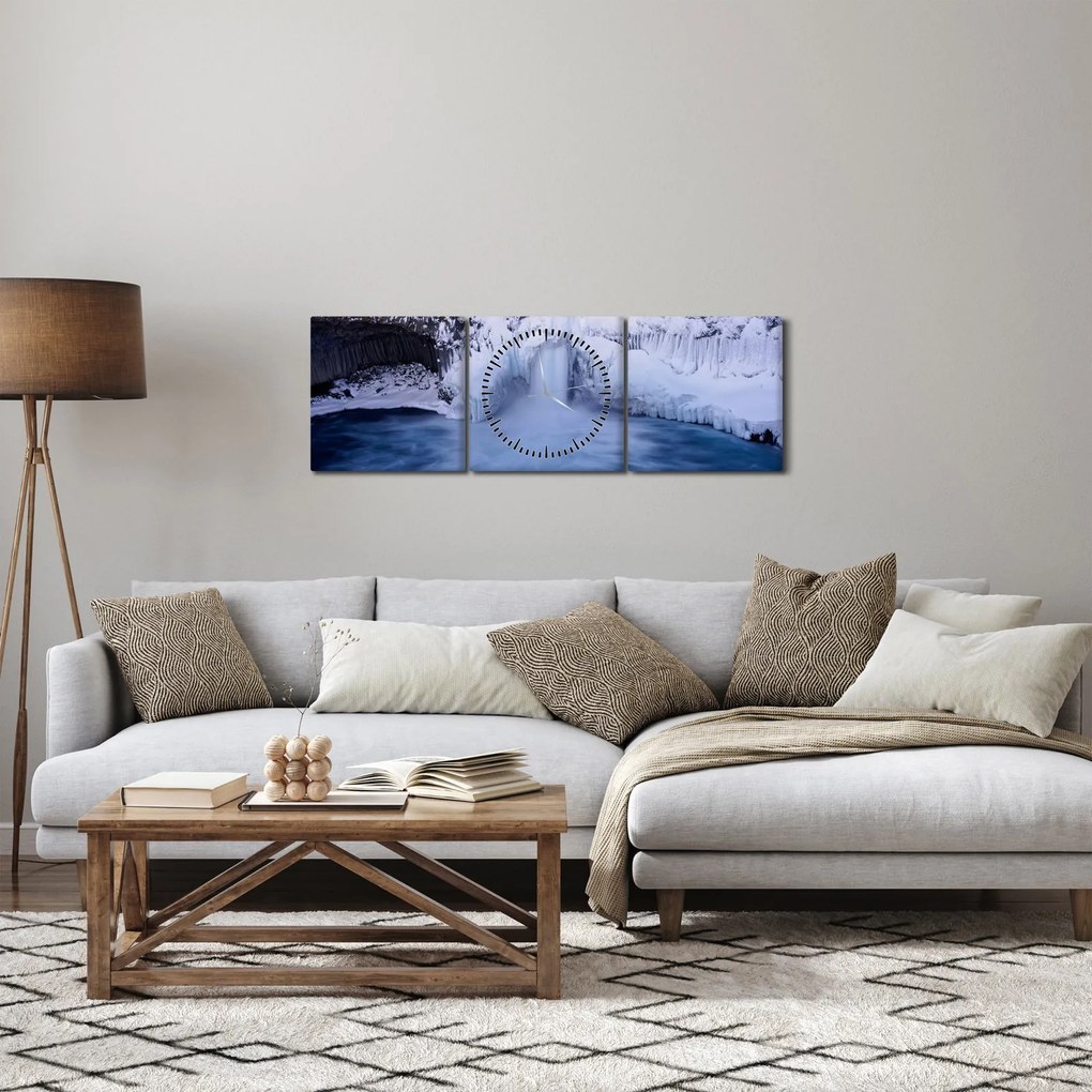 Tablou cu cascadele iarna (cu ceas) (90x30 cm)