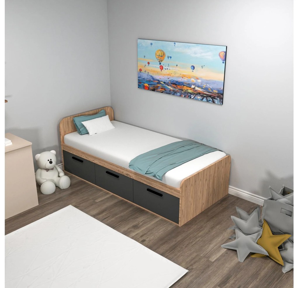Pat de o persoană 90 cm Pelavi 1 (pin atlantic + antracit) (cu somieră). 1094838