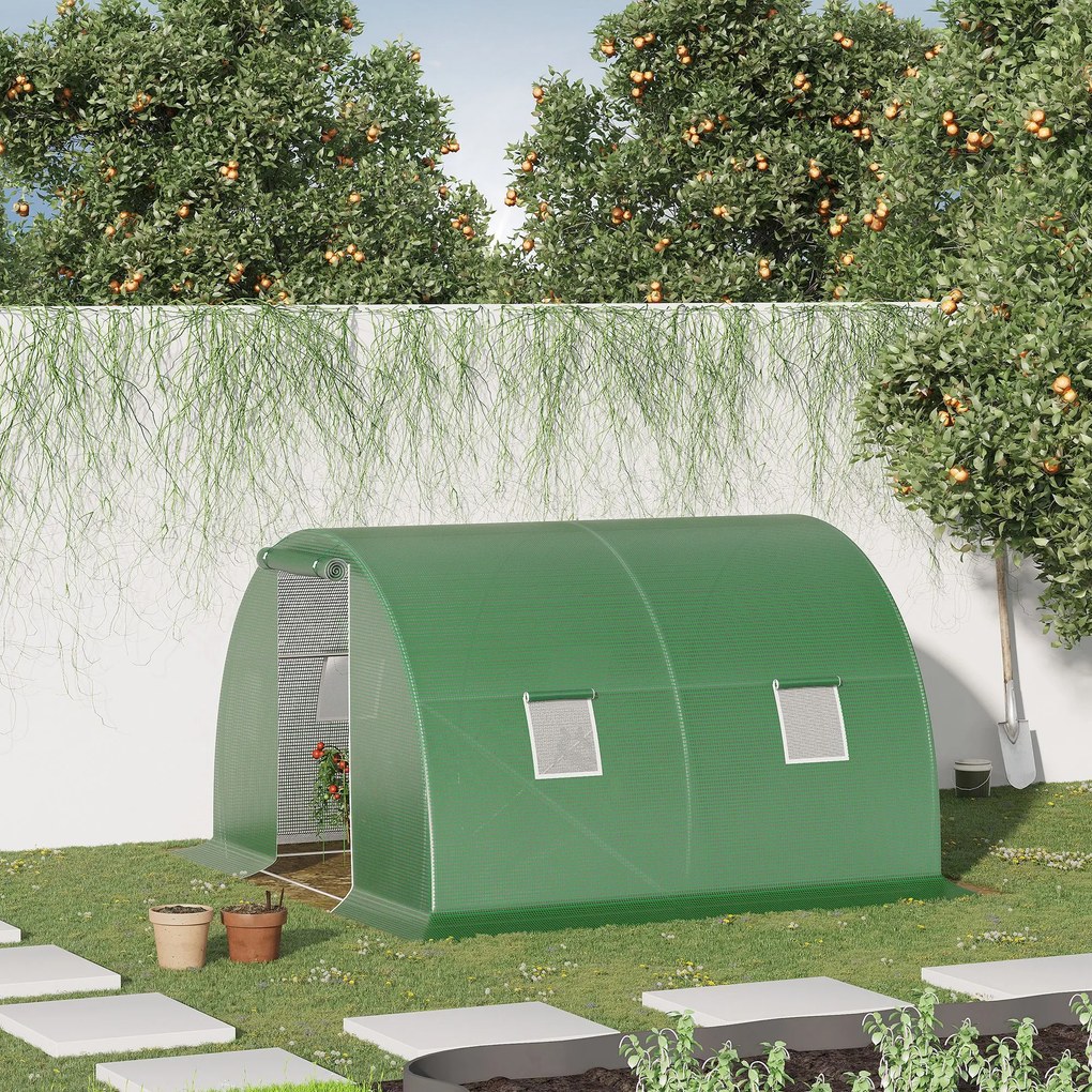 Outsunny Sera de gradina si legume cu protectie din PE, Sera pentru plante cu usa si ferestre cu strangere tip rulou, 3x3x2m, verde | Aosom Romania