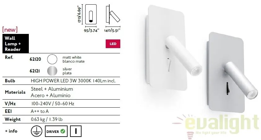 Aplica cu reader LED design modern minimalist SUAU gri 62121