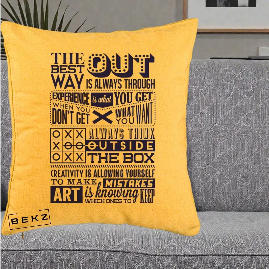 Perna Decorativa Citate Creativitate Albastru, 40x40 cm, Galben, Husa Detasabila, Perna Inclusa, BEKZ®