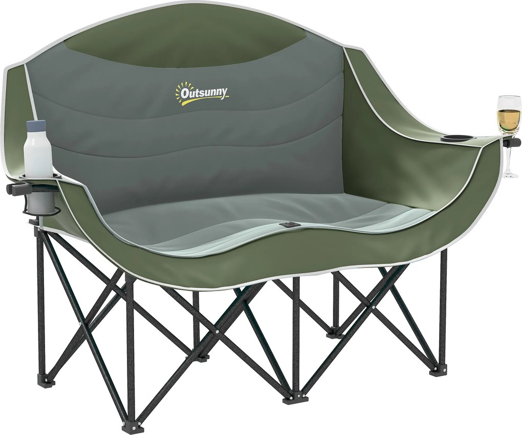 Outsunny Scaun pliabil 2 locuri scaun camping cu suport pentru băuturi geantă de transport până la 250 kg Verde | Aosom Romania