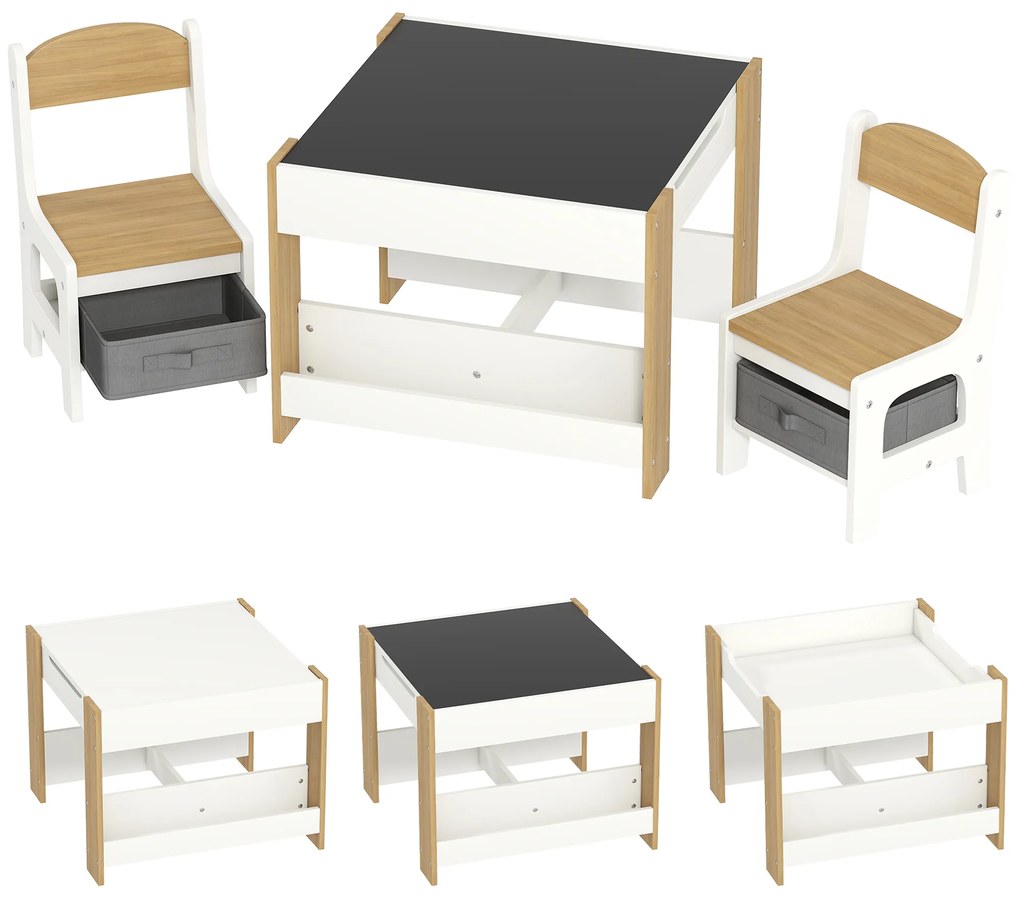 HOMCOM Set 3 piese masă și 2 scaune pentru copii cu blat reversibil, tablă neagră, coș de depozitare, rafturi | Aosom Romania