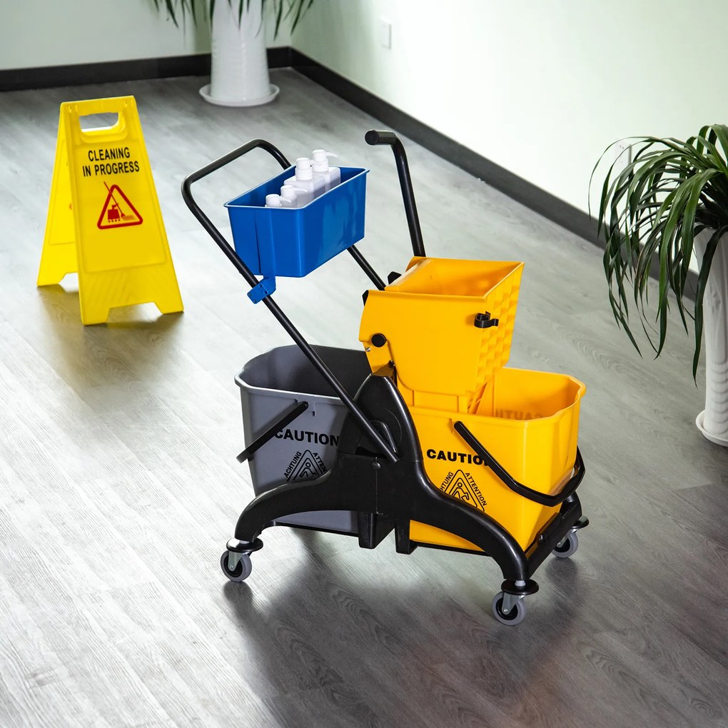 HOMCOM Chariot de curățenie cu exprimare cu găleată laterală de stoarcere 26 L + coș de depozitare 78 x 45 x 95 cm galben | Aosom Romania