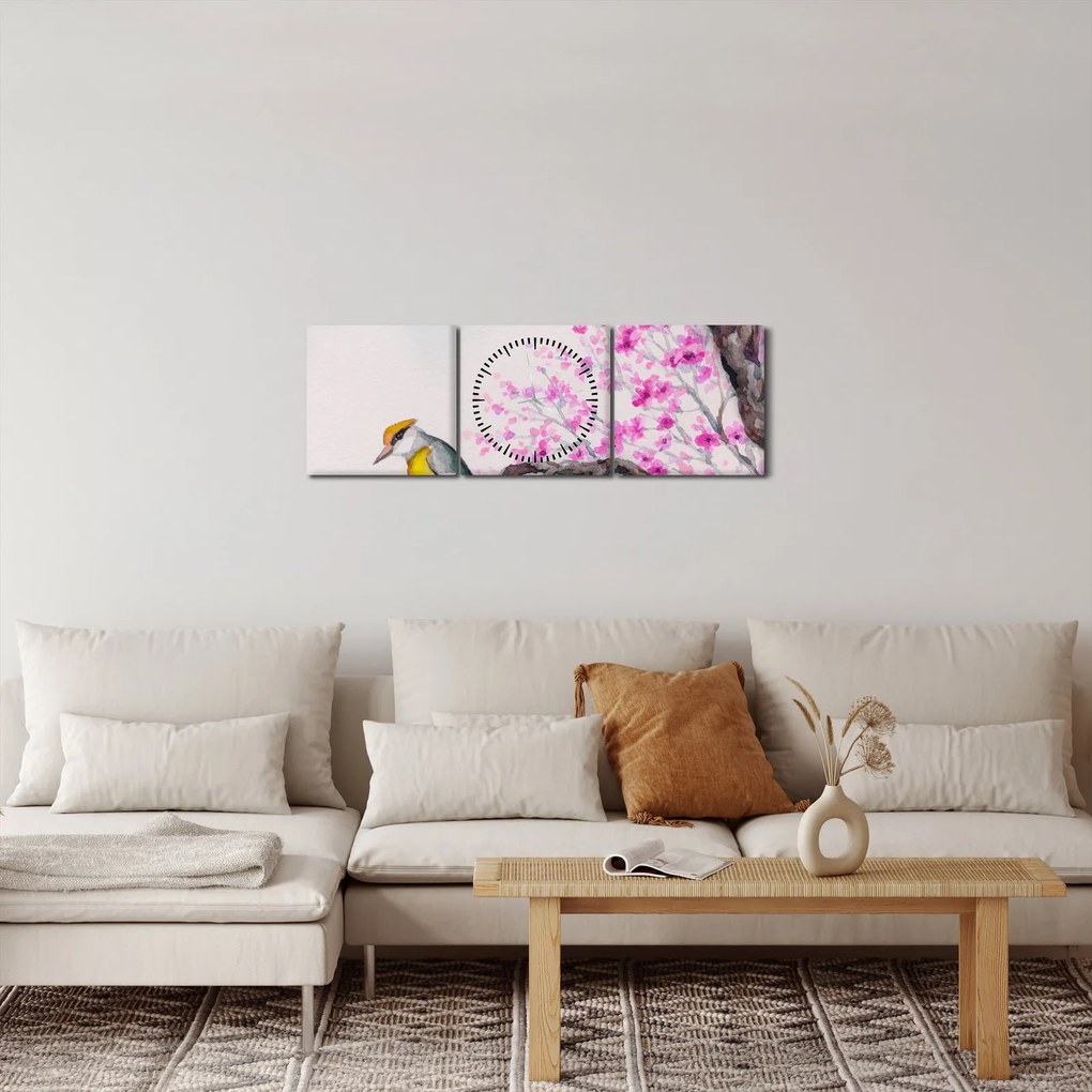 Tablou - Pasăre pe un copac cu flori roz (cu ceas) (90x30 cm)
