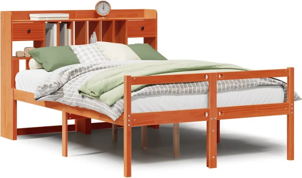 vidaXL Pat cu bibliotecă fără saltea maro 160x200 cm lemn masiv de pin