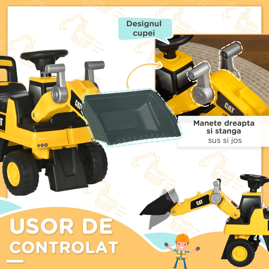 HOMCOM CAT cu Licență pentru Constructii de Condus cu Cupa Manuala, Excavator pentru Copii Mici, cu Claxon | Aosom Romania