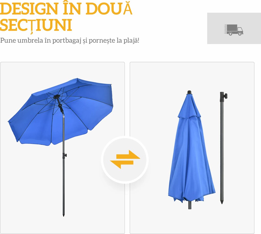 Outsunny Umbrelă de Soare pentru Plajă cu Tetieră care se Înclină la 45° și Design în 2 Secțiuni, Ø180x209 cm, Albastru | Aosom Romania