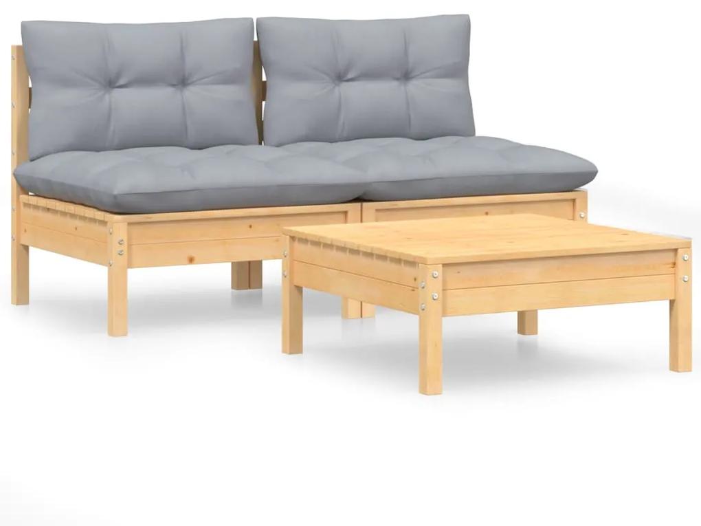 3095997 vidaXL Set mobilier de grădină cu perne gri, 3 piese, lemn de pin