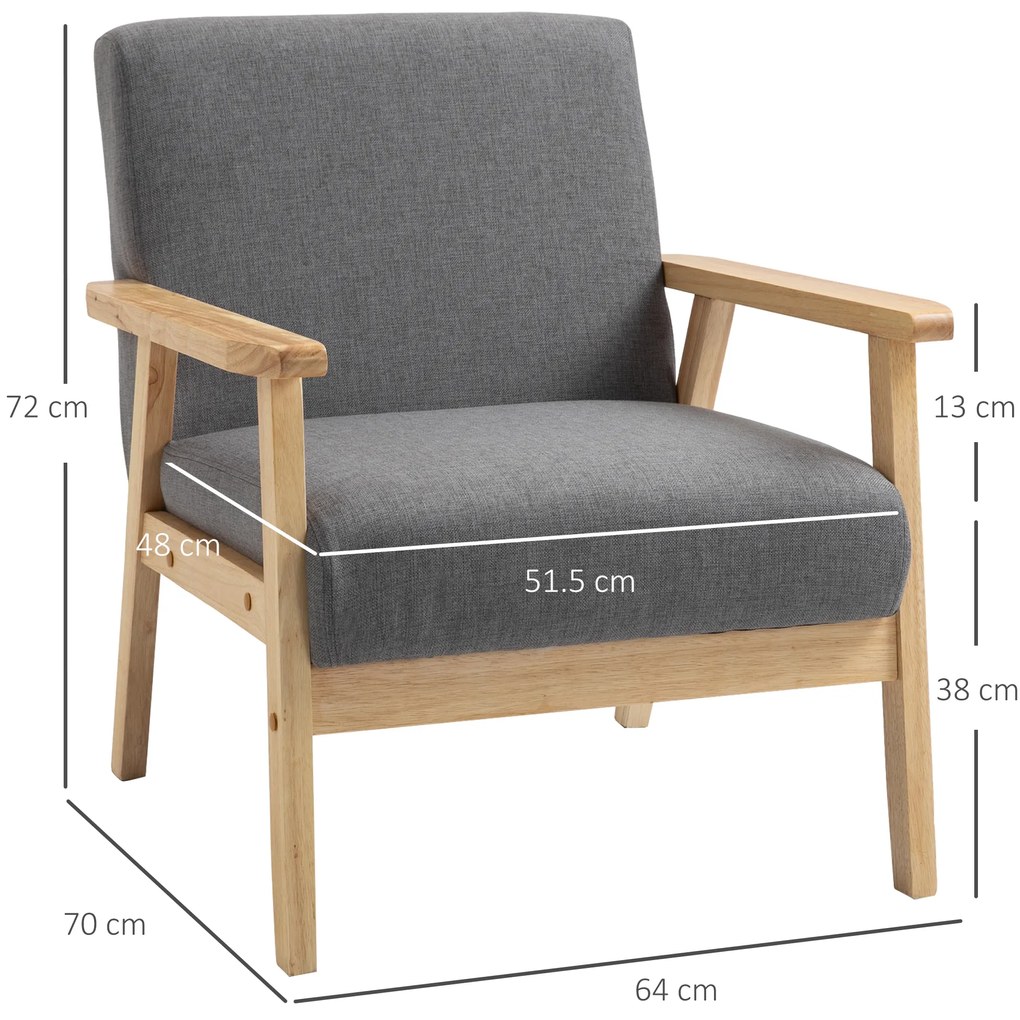 HOMCOM Fotoliu cu design scandinav, fotoliu de accent din lemn masiv cu aspect de in, 64 cm x 70 cm x 72 cm, gri | Aosom Romania