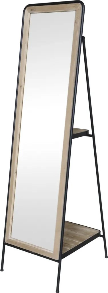 Oglindă de podea cu rafturi pe spate, din metal, lemn și sticlă, natur, H 168 cm