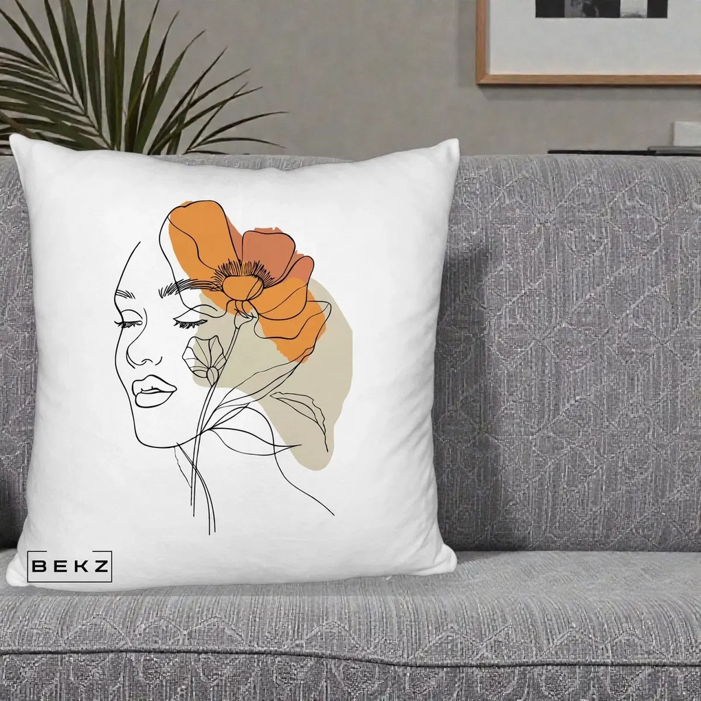 Perna Decorativa Portret Feminin Mac Mare Portocaliu, 40x40 cm, Alb Pufos, Husa Detasabila, Perna Inclusa, BEKZ®