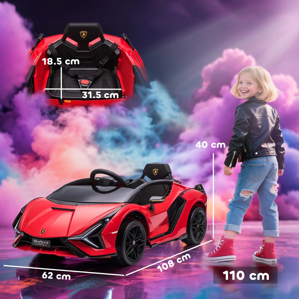 Masina electrica HOMCOM pentru copii 12V Lamborghini, telecomanda, viteza 3-8 km/h, 108x62x40cm, Rosie | Aosom Romania