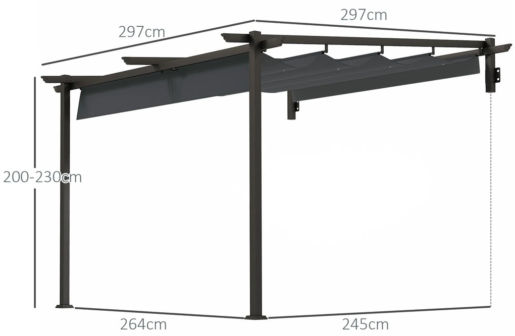 Outsunny Pavilion, 3 x 3 m Pergolă, Acoperiș de terasă rezistent la vânt, Montare pe perete, Acoperiș ajustabil, pentru grădină, terasă, Gri închis | Aosom Romania
