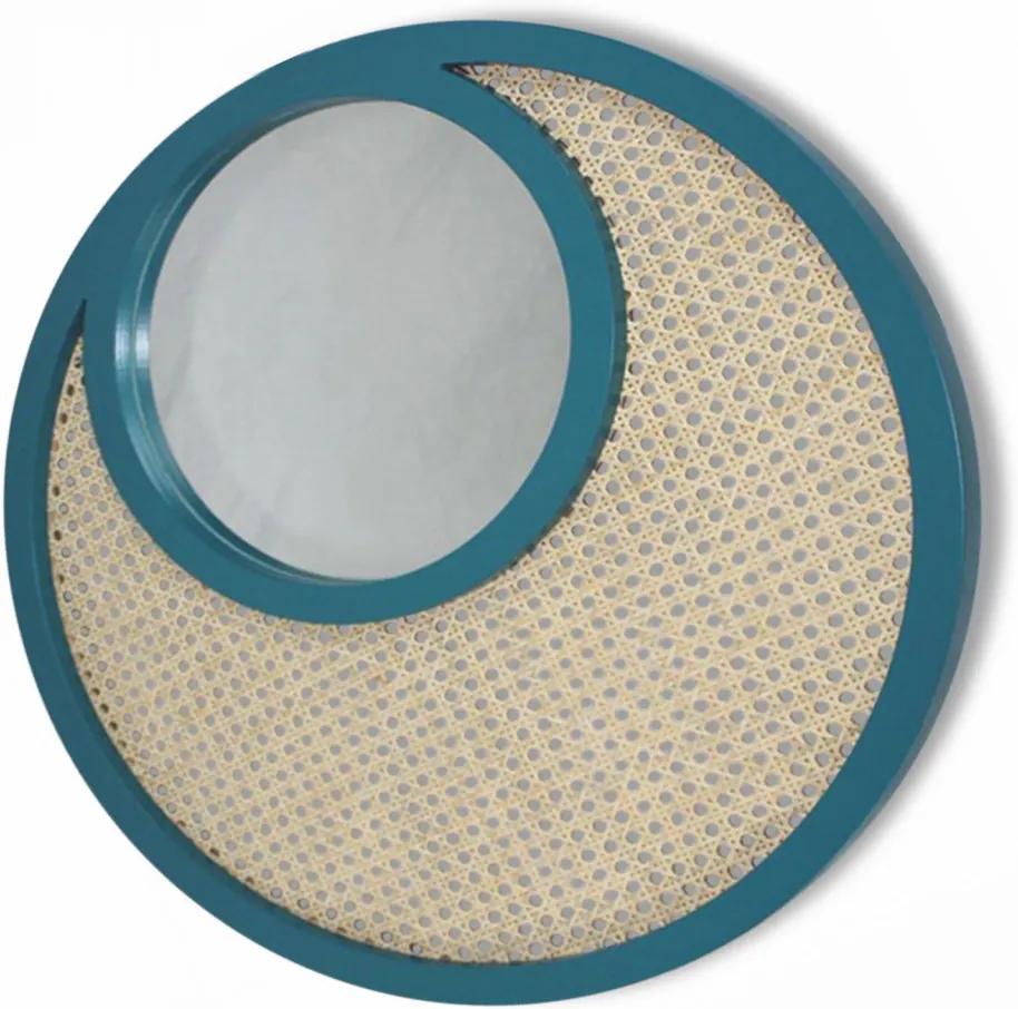 Oglinda rotunda albastra/maro din lemn si placaj 58 cm Madame Blue Sax Objet Paris