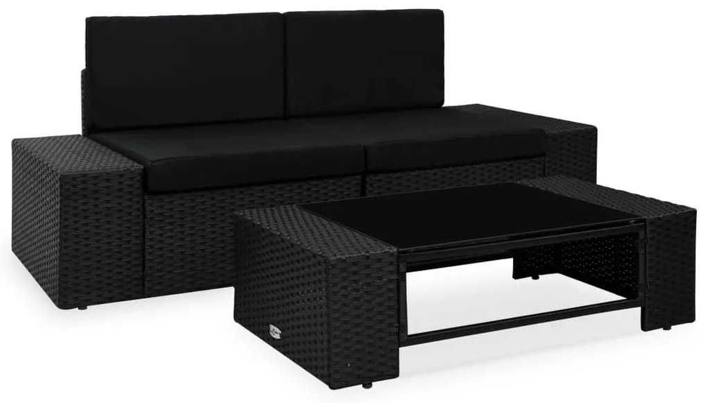 vidaXL Set mobilier de grădină, 3 piese, negru, poliratan