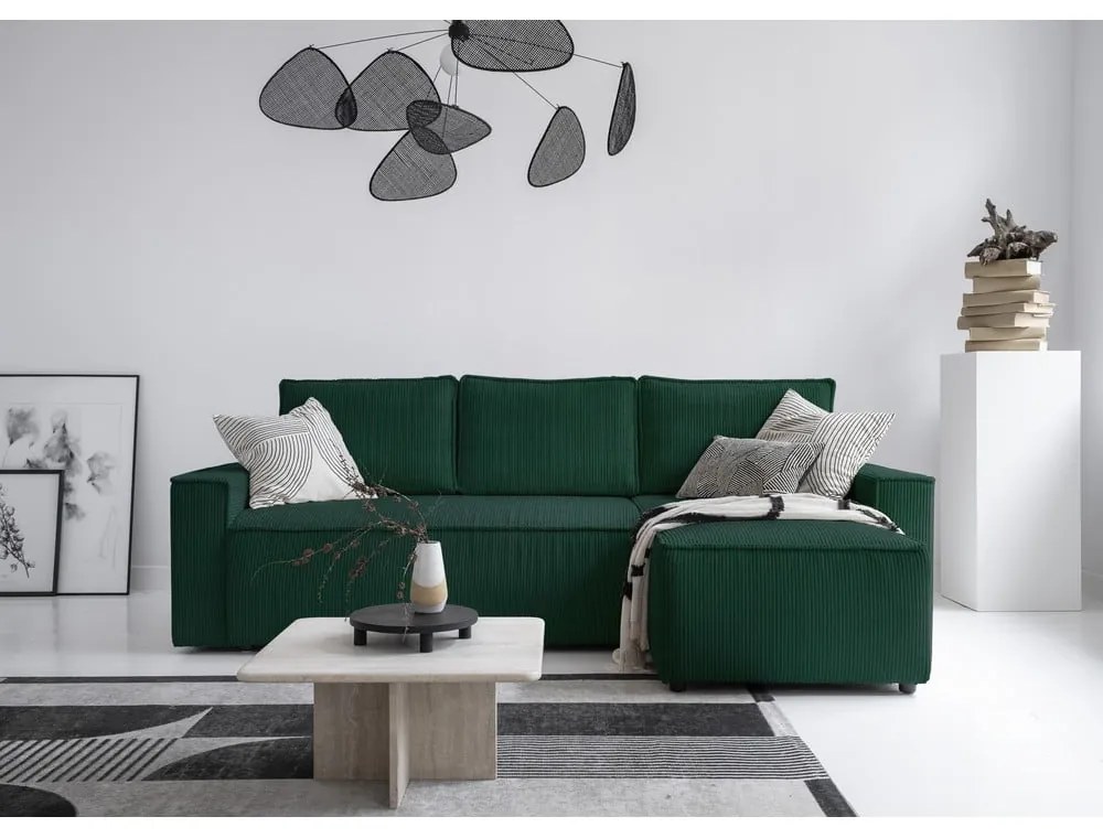 Colțar verde închis extensibil cu tapițerie din catifea reiată (cu colț variabil) Brave Dave – Miuform