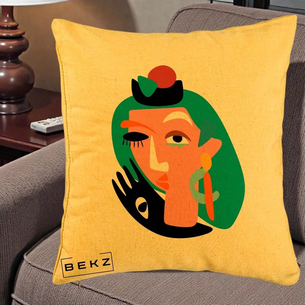 Perna Decorativa Portret Abstract Matisse Turcoaz, 40x40 cm, Galben, Husa Detasabila, Perna Inclusa, BEKZ®