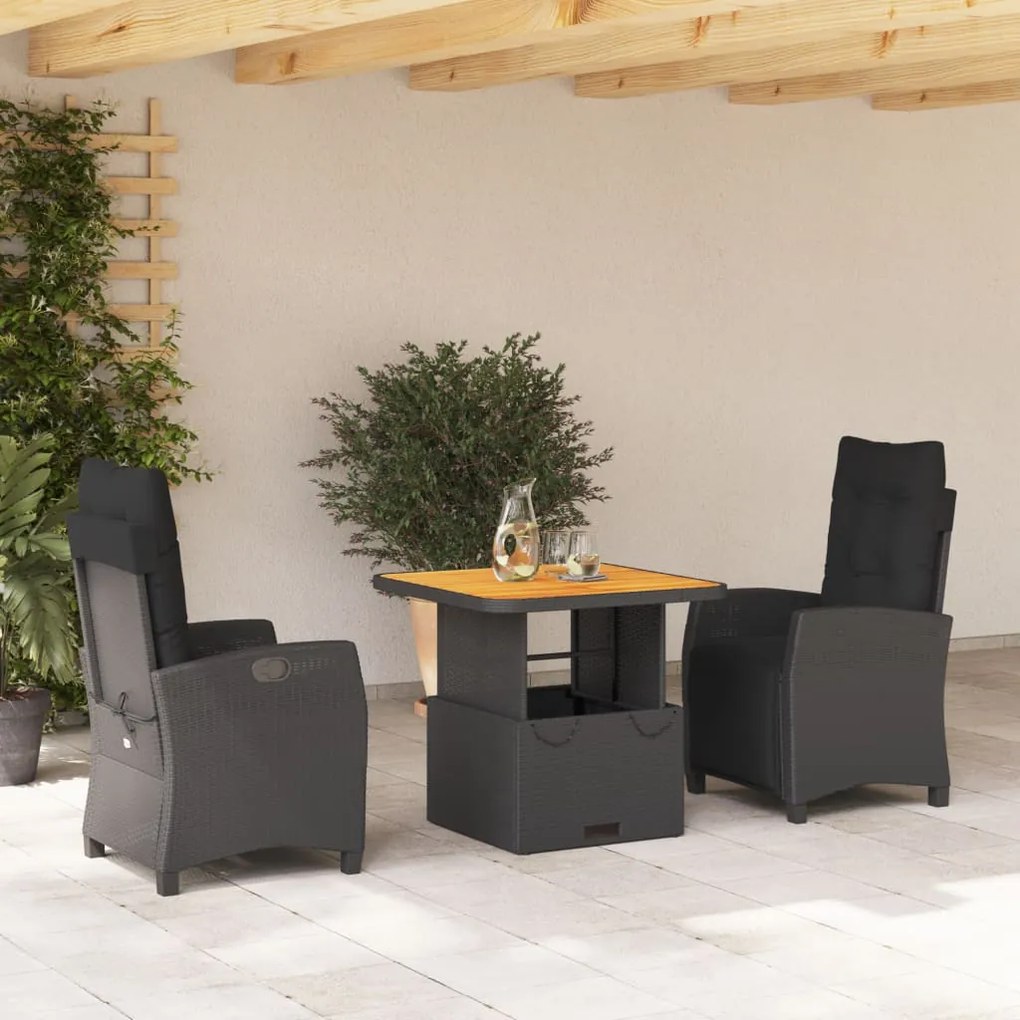 vidaXL Set mobilier de grădină cu perne, 3 piese, negru, poliratan